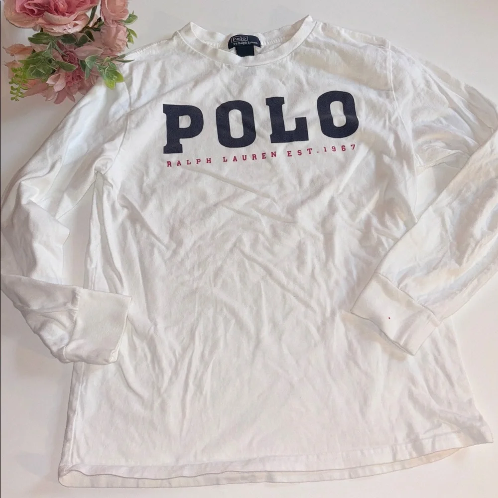 Ralph Lauren White Polo Shirt Boys Long Sleeve White POLO Logo T Shirt Large - Picture 4 of 17